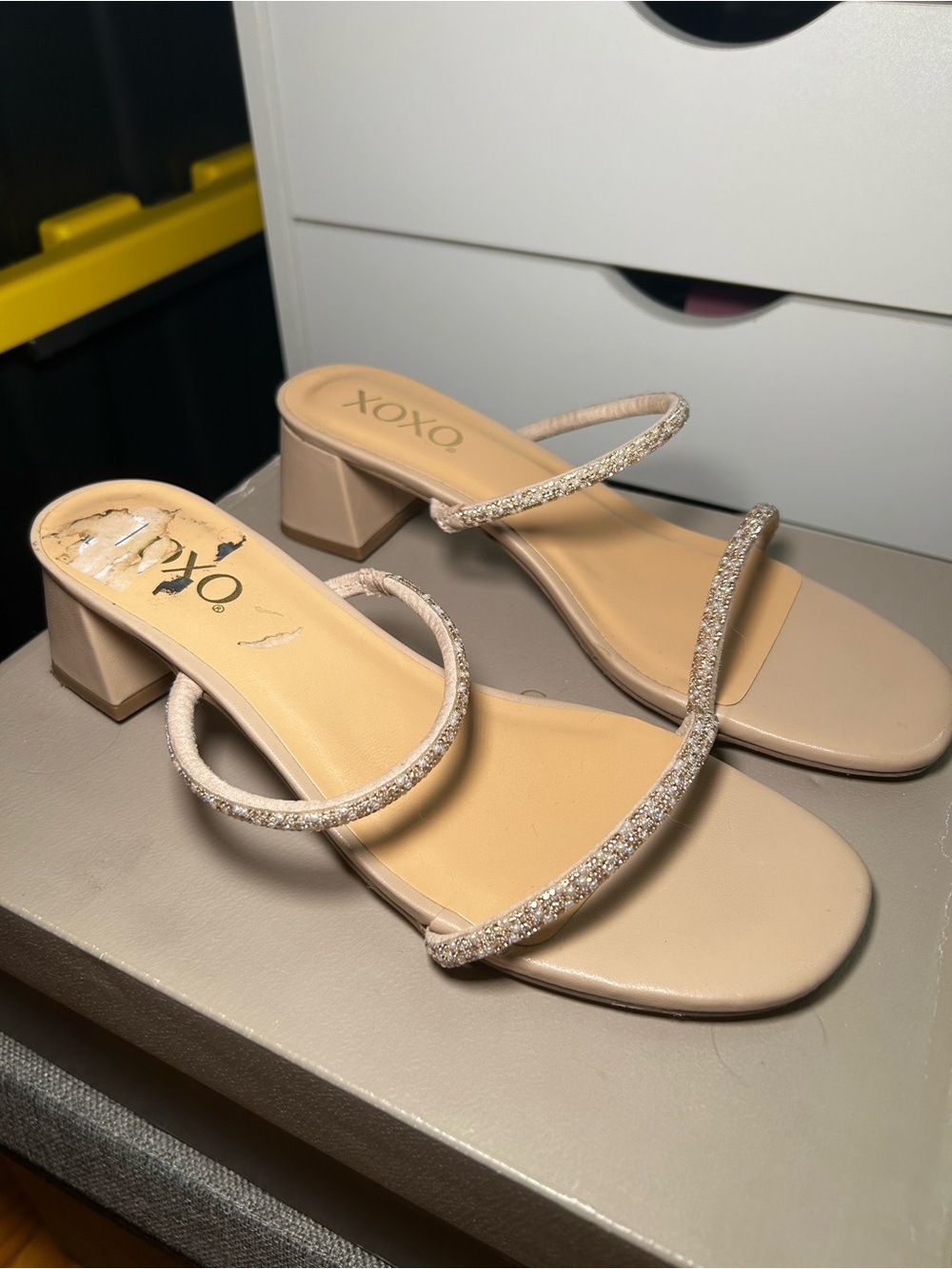 XOXO Blush Nude Sparkle Double-Strap Block Heel Sandals